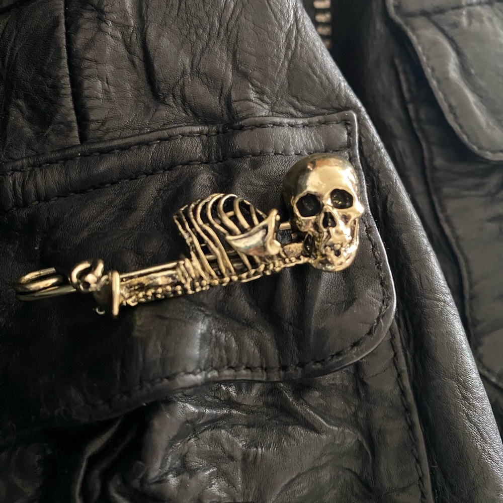 Rare heavy brass skeleton lapel safety pins. Large